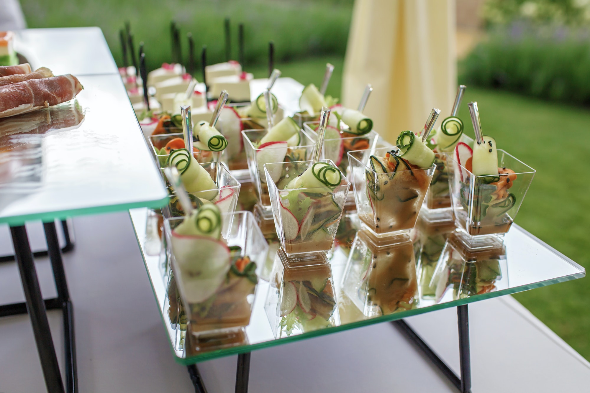 Backyard barbeque party at summer, elegant decoration, luxury catering, tasty and beautiful food